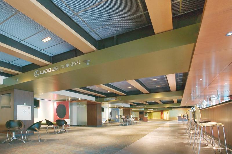 Sonex® Squareline Ceiling Tiles on the ceiling in the Rose Garden Arena.